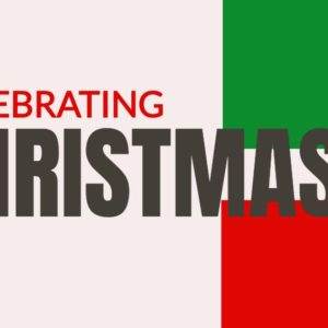 Festive graphic with bold text celebrating Christmas against red and green blocks