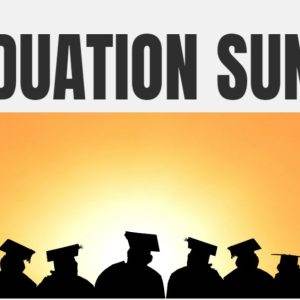 Graduates standing in caps and gowns at sunrise with the text "Graduation Sunday."