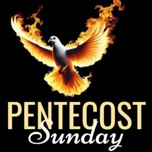 Fiery dove representing Pentecost Sunday, symbolizing the Holy Spirit against a black background.