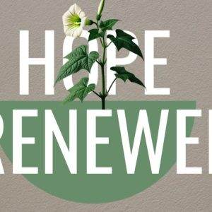 A green plant with a white flower emerging through the words Hope Renewed on a light brown background.