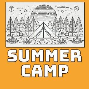 Illustrated summer camp scene with a tent surrounded by trees and a sun in the background