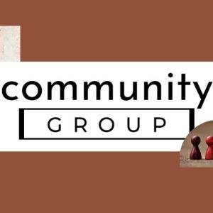 Community group sign with human figures on a brown background