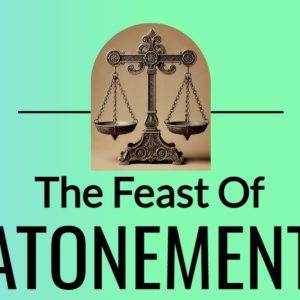 The Feast of Atonement graphic with a balance scale on a gradient background.