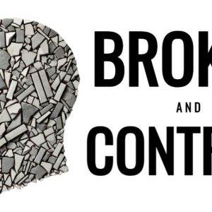 Illustration of a fragmented human silhouette next to text 'Broken and Contrite'.