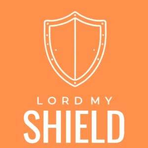 Minimalist orange logo with a white shield emblem and the text "Lord My Shield".