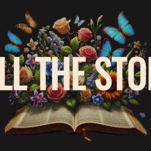 Open book with colorful flowers and butterflies, surrounded by the words Tell the Story