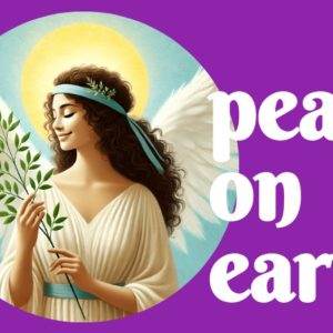 Angelic figure holding an olive branch with the words peace on earth on a vibrant purple background.