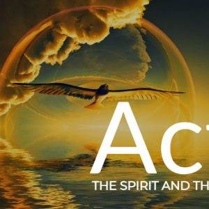 Soaring bird in front of a halo-like sunrise with text Acts: The Spirit and The Church