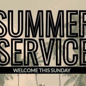 Tropical background with palm trees featuring bold text reading "Summer Service - Welcome This Sunday".