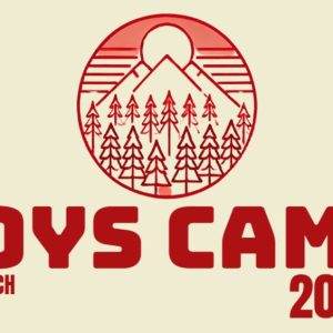 Boys Camp 2024 promotional banner with red mountain and pine tree logo