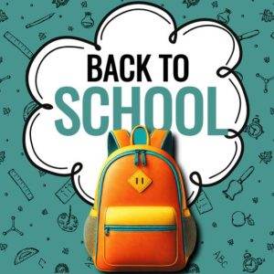 Bright backpack with 'Back to School' text against doodle background