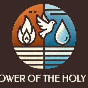 Abstract emblem with fire, water, and dove representing the power of the Holy Spirit