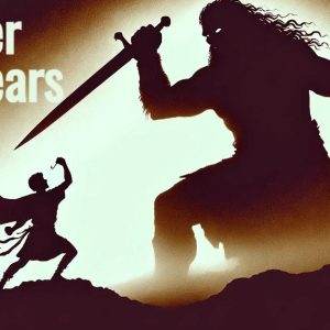 Silhouetted warrior raising a sword to confront a giant, with 'Conquer Your Fears' text