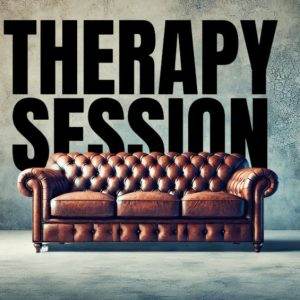 Brown leather couch in front of a dark wall with 'Therapy Session' text.