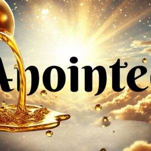 Golden anointing oil pouring over text 'Anointed' against a radiant sky background