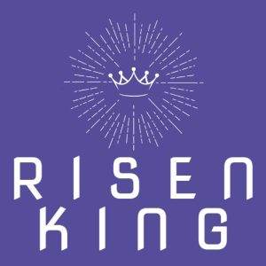 Logo design depicting a radiant crown with the text "Risen King" against a purple background.