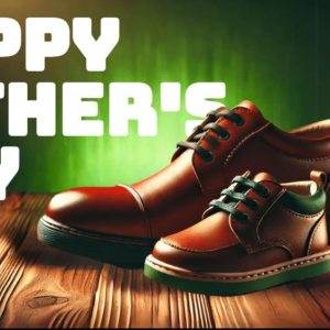 Brown father's and child's shoes side by side on wooden floor with "Happy Father's Day" in bold white text.