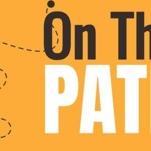 Vibrant image with 'On The Path' text on yellow background and dotted line leading to destination