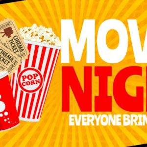 Bright Movie Night banner with popcorn, soda, and cinema tickets.