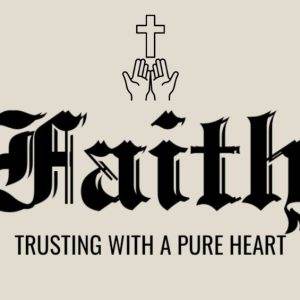 Faith-themed graphic with Gothic text, white cross, and praying hands.