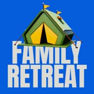 Tent icon with Family Retreat text on blue background