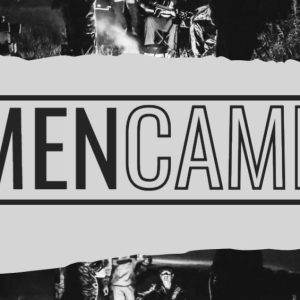 MenCamp logo with a dynamic black-and-white design featuring an outdoor group gathering.