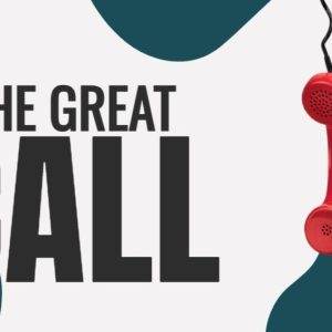 Red vintage telephone receiver in mid-air beside bold 'The Great Call' text on abstract background