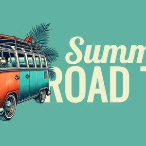 Vintage VW bus with surfboard and palm leaves background with "Summer Road Trip" text.