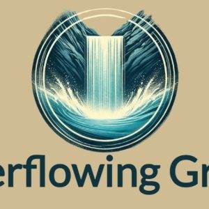 Illustration of a waterfall in a circular frame with the words "Overflowing Grace"