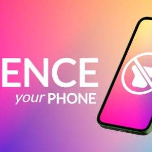 Colorful gradient background with a smartphone icon showing a crossed-out bell and text asking to silence your phone.