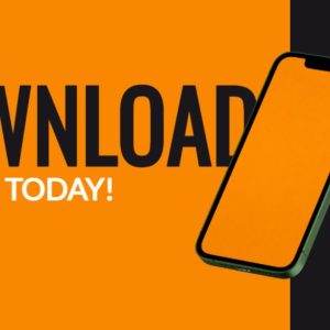 Download our app today advertisement with vibrant orange and black colors and a smartphone display