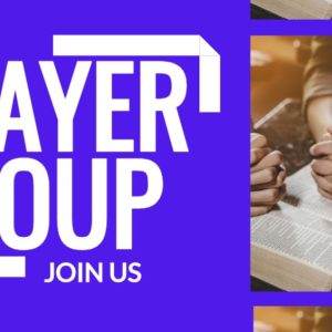 Hands holding in prayer around a Bible with bold text "Prayer Group Join Us" on a purple background.