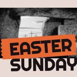 Easter Sunday banner with open tomb and crosses in the distance