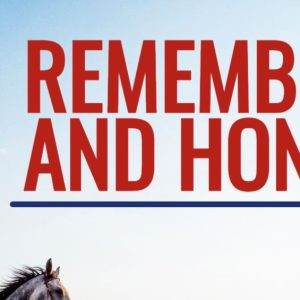 Woman Riding Horse with American Flag Under Remember and Honor Text