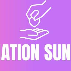 Hand dropping a heart donation into an open palm with "Donation Sunday" text on pink and purple gradient background.