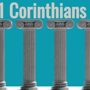 Four classical columns against a blue background with the text '1 Corinthians'