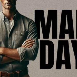 Stylish man in a denim shirt standing against a textured background with "MAN DAY" text.