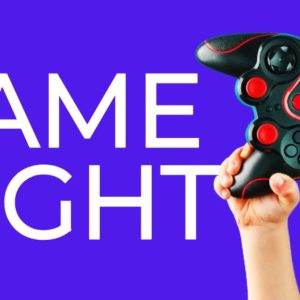 Hand with game controller against a vibrant blue background with the words Game Night.