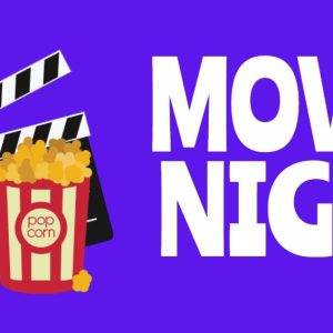 Movie night banner with popcorn and film clapperboard on purple background