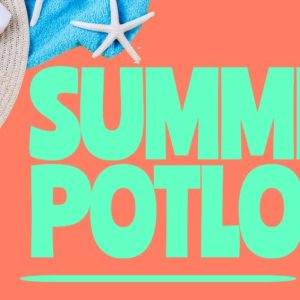 Summer potluck flyer with beach hat, sunglasses, towel, and starfish on a coral background.