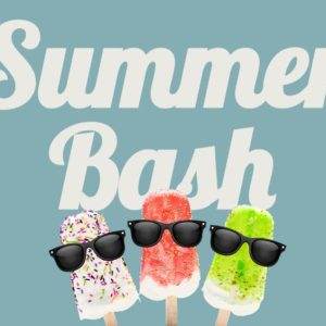 Popsicles with sunglasses in front of a Summer Bash sign.