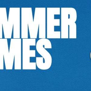 Gold medal with tricolor ribbon on blue background next to bold white text saying "Summer Games"