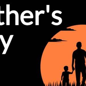 Father's Day celebration with silhouette of dad walking hand in hand with kids against a sunset.