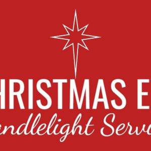 Christmas Eve candlelight service announcement with white star on red background.