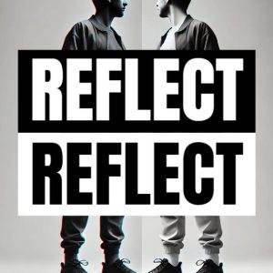 Two mirrored reflections of a man in casual clothing with the word 'Reflect' in bold text across the center.