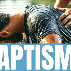 A person being baptized in a body of water with hands gently guiding them, emphasized by a bold text reading "Baptisms".