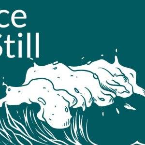 Minimalistic wave illustration with text 'Peace Be Still' in white on teal background.