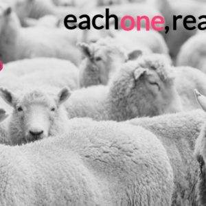 A flock of sheep with one highlighted in pink against a black and white background with the words "each one, reach one" in bold text.