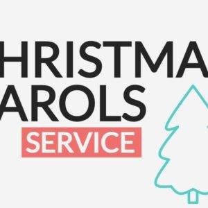 Christmas Carols Service announcement with festive decorations, including an ornament and a tree.