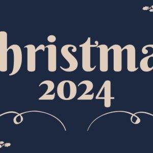 Elegant Christmas 2024 greeting card with holly decorations on dark blue background.